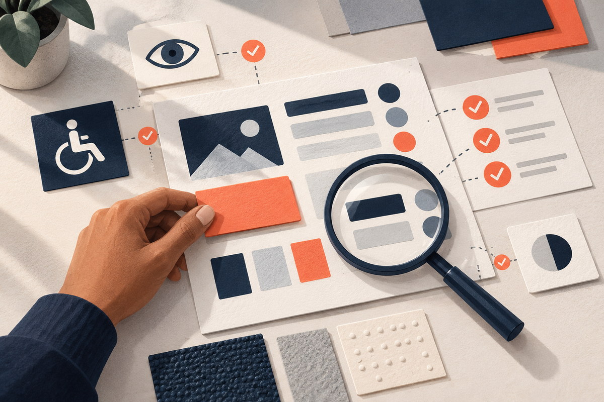 A designer checks a digital service layout for accessibility using a magnifier and contrast cues