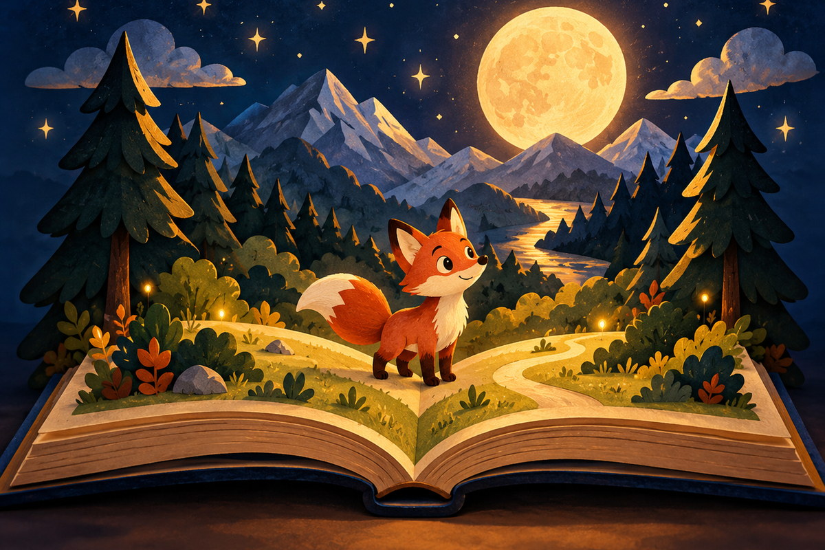 A friendly fox stands on an open storybook beneath a moonlit sky