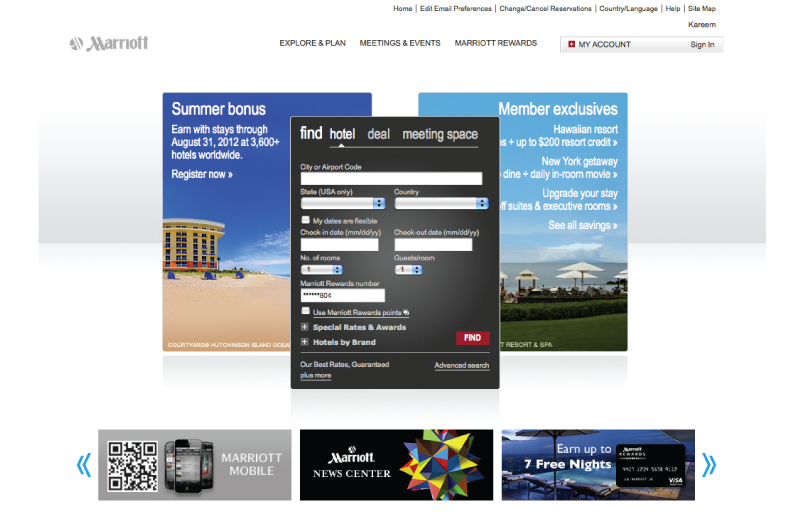 Archived Marriott.com homepage screenshot with hotel search and promotional tiles.