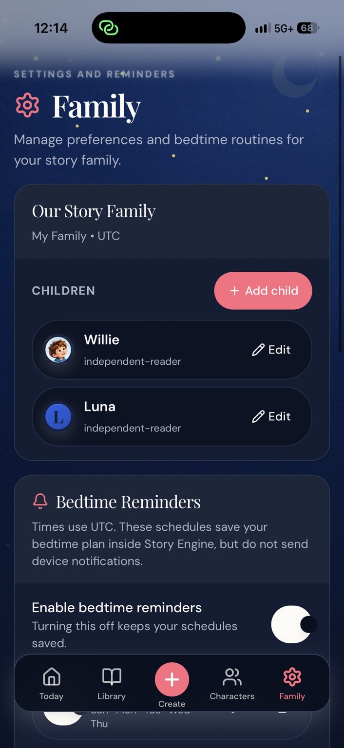 Story Engine mobile Family settings screen showing child profiles and bedtime reminder settings