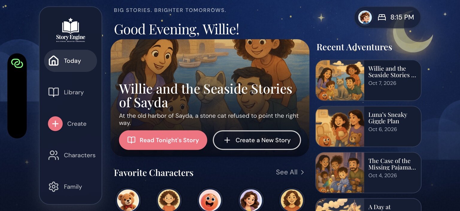 Story Engine desktop home screen showing tonight’s story, favorite characters and recent adventures