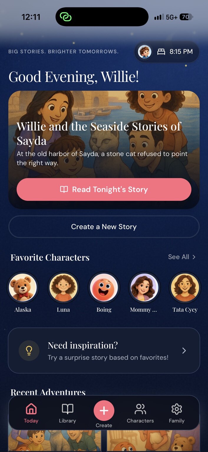Story Engine mobile Today screen with a featured story and shortcuts to characters, library and settings