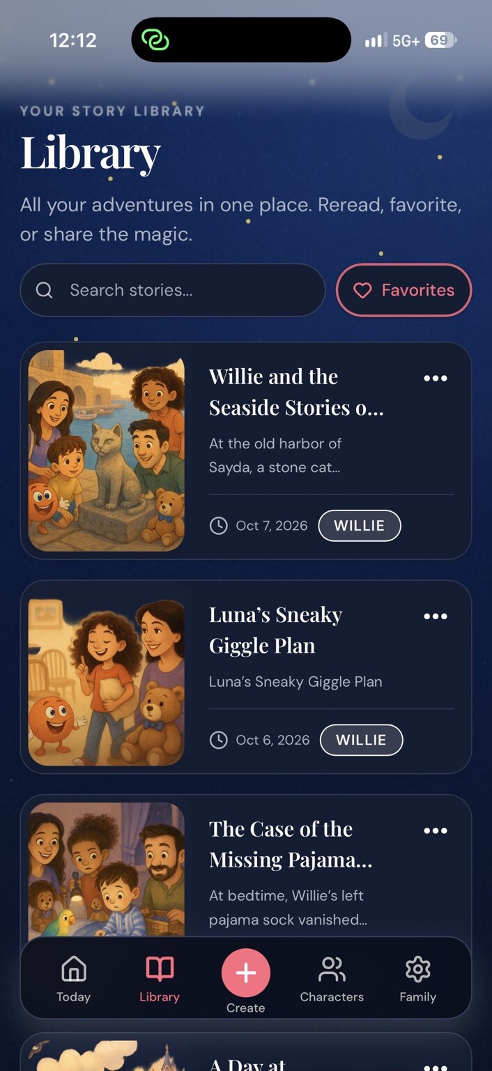 Story Engine mobile Library screen showing saved family stories