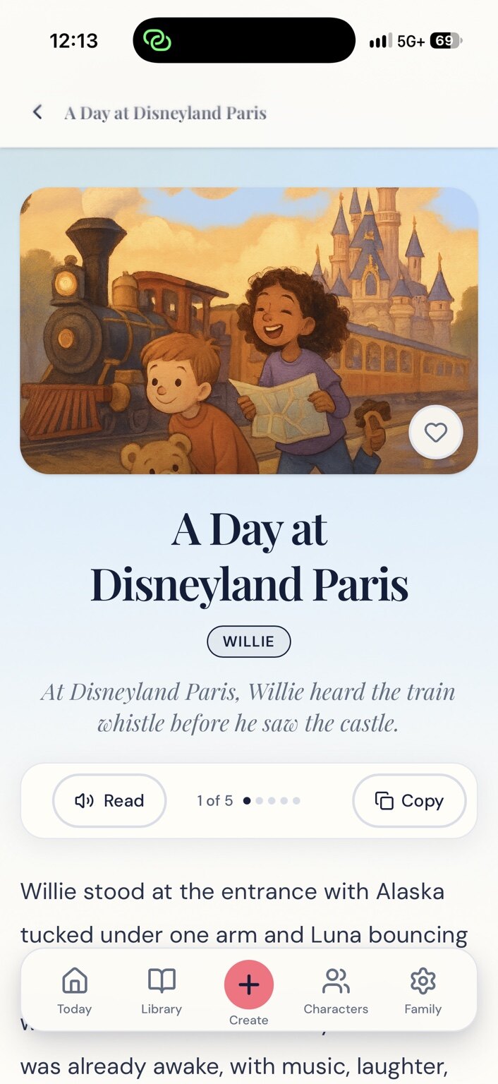 Story Engine mobile reading screen showing a story page with read-aloud and copy controls