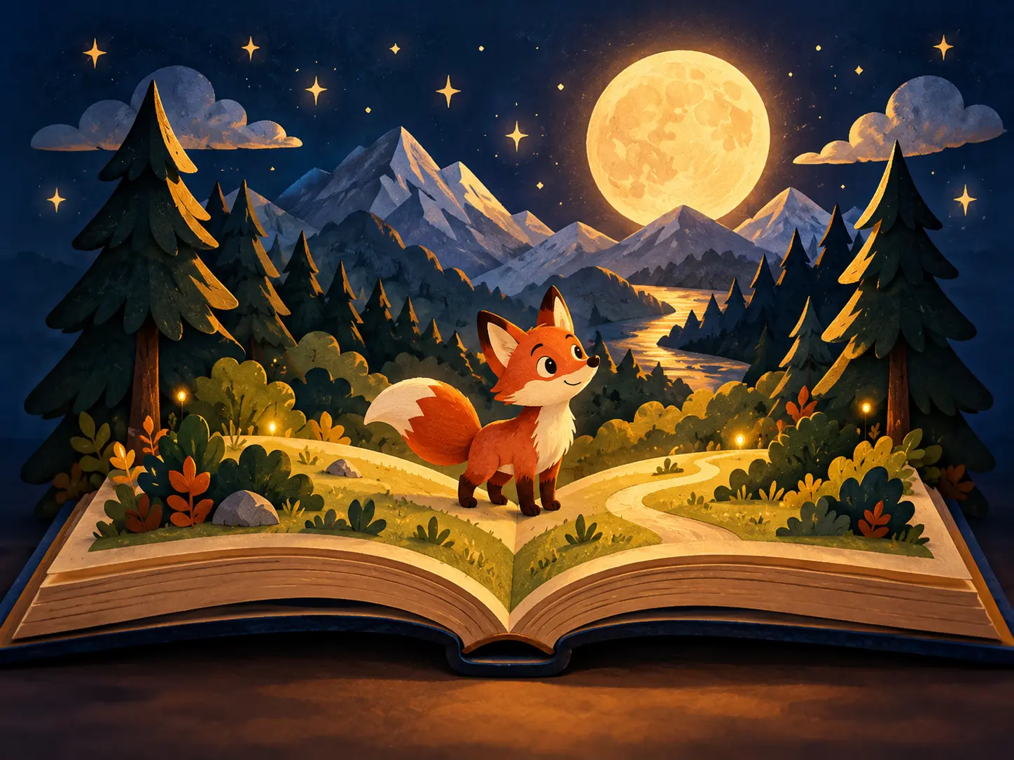 Story Engine case-study artwork showing a storybook landscape.